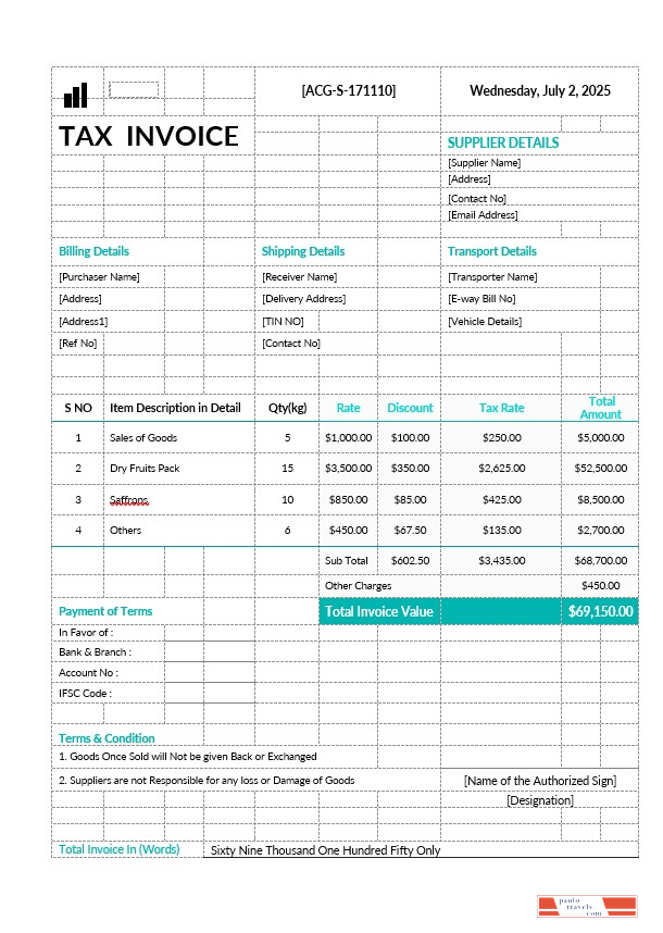 Printable Tax Invoice Template PSD template